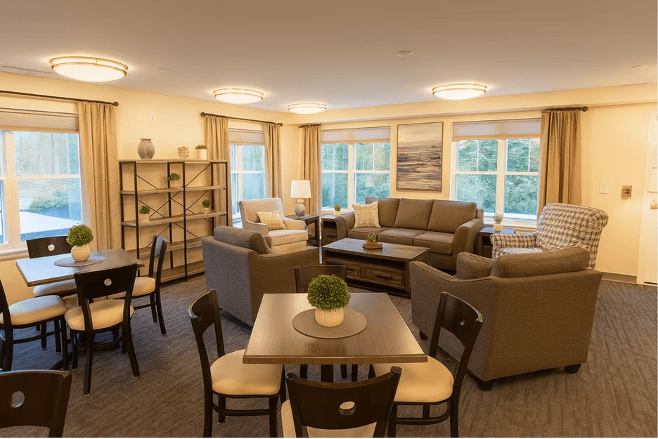 A well-lit living room with a dining table and chairs.