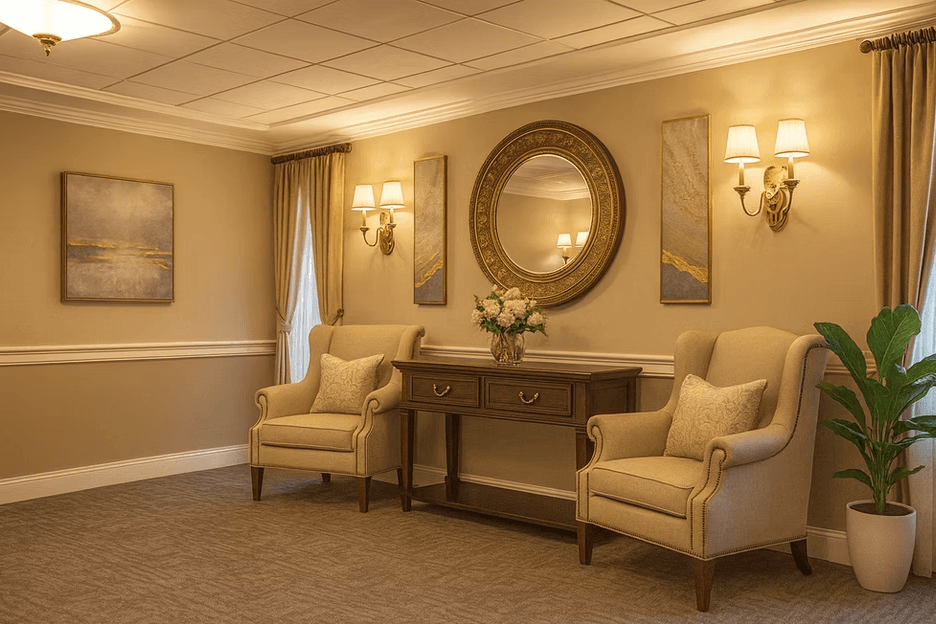 A room with two chairs, a table, and a mirror.