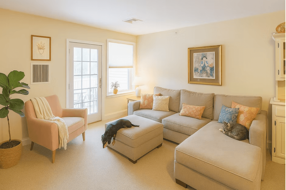 A living room with a couch, chair, ottoman, and a potted plant.
