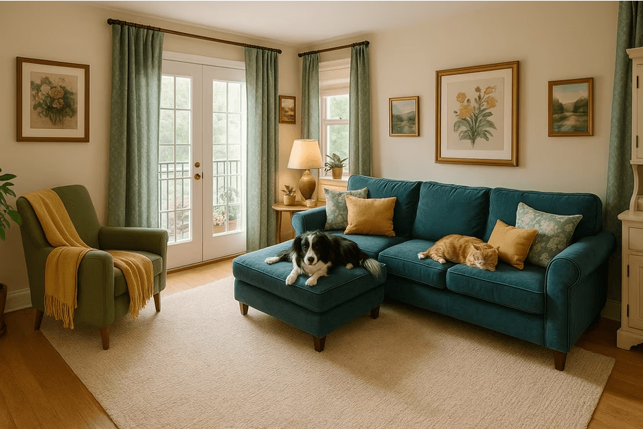 Two dogs are lying on a blue couch in a living room.
