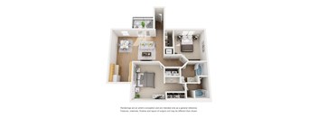 A 3D floor plan of a house with a kitchen, living room, and bathroom.