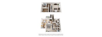 A floor plan of a house with two bedrooms, a living room, a kitchen, and a bathroom.