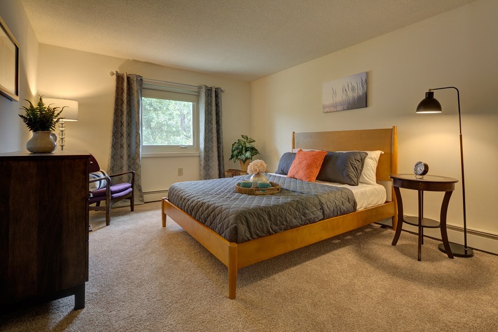 a bedroom with a bed and a dresser and a window