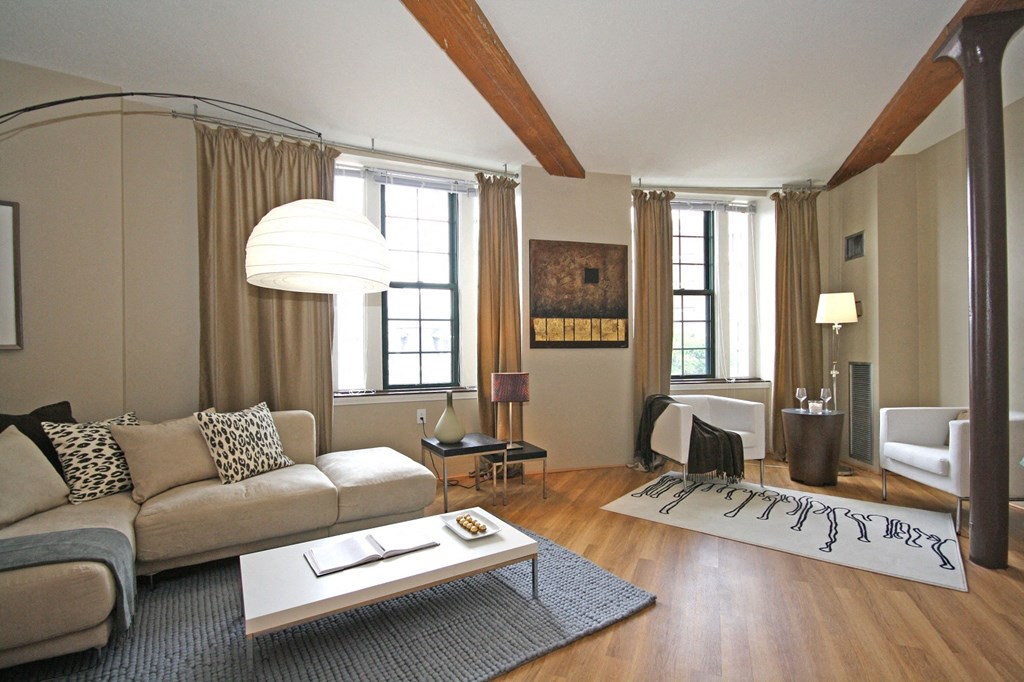 a living room with a couch and a coffee table