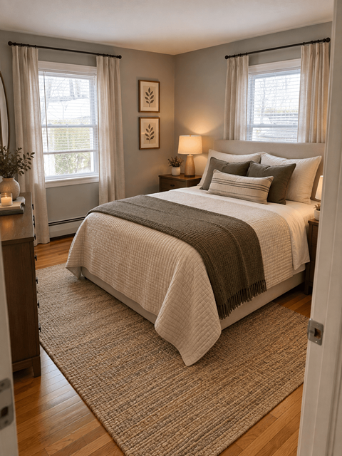 A bedroom with a large bed and a window with curtains.