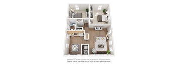 A floor plan of a small apartment with a kitchen, living room, and two bedrooms.