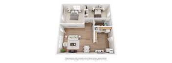 A floor plan of a small apartment with a living room, kitchen, and two bedrooms.