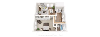 A top-down view of a small apartment with a kitchen, living room, and bathroom.
