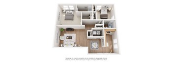 A floor plan of a small apartment with a kitchen, living room, and bedroom.