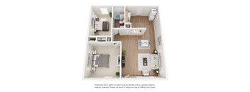 A floor plan of a small apartment with a kitchen, living room, and two bedrooms.