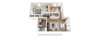 A 3D floor plan of a house with a living room, kitchen, and two bedrooms.