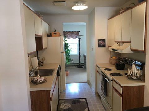A kitchen with white cabinets and a black stove top.