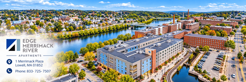 An aerial view of the Edge Merrimack River Apartments in Lowell, MA.