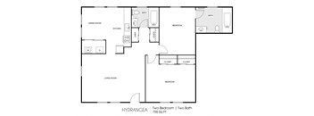 A black and white image of a floor plan for a 755 square foot home with two bedrooms and two bathrooms.