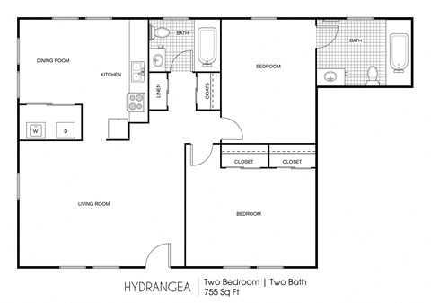 A black and white image of a floor plan for a 755 square foot home with two bedrooms and two bathrooms.