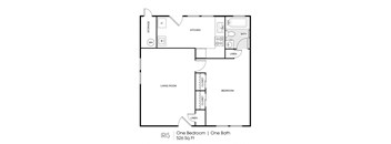A floor plan of a one bedroom, one bath apartment.