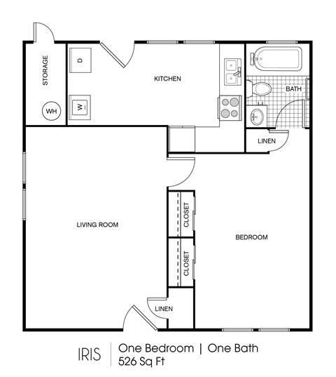 A floor plan of a one bedroom, one bath apartment.