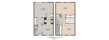 A diagram of a two bedroom apartment with one bathroom.