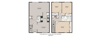 A floor plan of a three bedroom apartment with one and a half bathrooms.