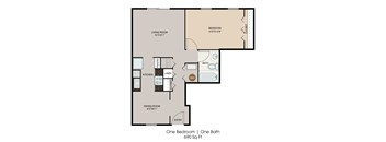 A floor plan of a one bedroom apartment with one bath.