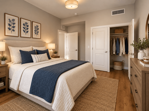 A bedroom with a bed, a wardrobe, and a mirror.