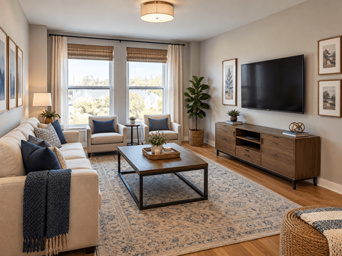 A living room with a large window, a sofa, a coffee table, and a TV.