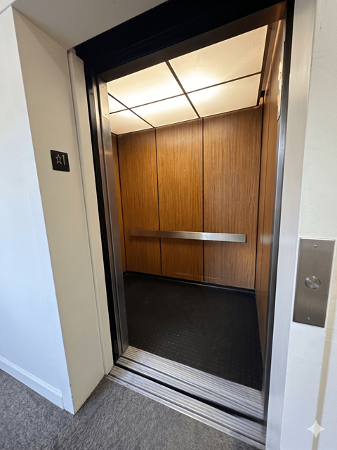 A wooden elevator with a silver handle and a black floor.