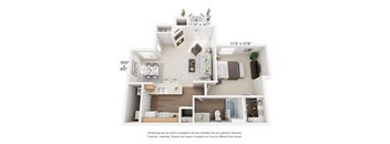 A floor plan of a small apartment with a kitchen, living room, and bathroom.