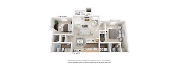 A floor plan of a two-bedroom apartment with a living room, kitchen, and bathroom.