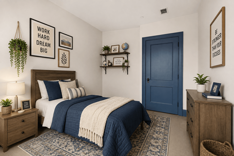 A bedroom with a bed, nightstand, and a blue door.