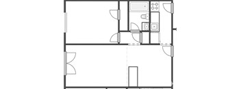 A floor plan of a house with a kitchen, living room, and two bedrooms.