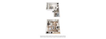 A floor plan of a small apartment with a kitchen, living room, and bedroom.