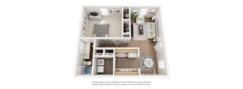 A top-down view of a small apartment with a kitchen, living room, and bedroom.