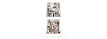 Two images of a small apartment with a kitchen, living room, and bedroom.