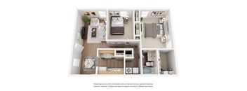 A floor plan of a small apartment with a kitchen, living room, and two bedrooms.