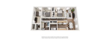 A floor plan of a small apartment with a kitchen, living room, and two bedrooms.