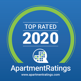 the top rated 2020 apartment rates logo with a blue background and a green circle