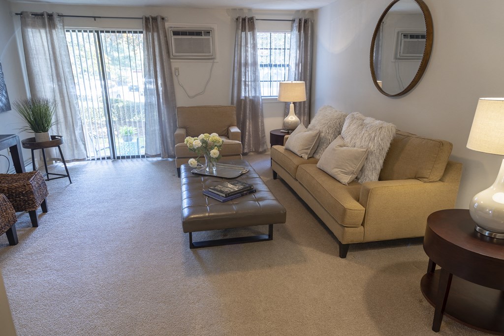 a living room with a couch and a coffee table