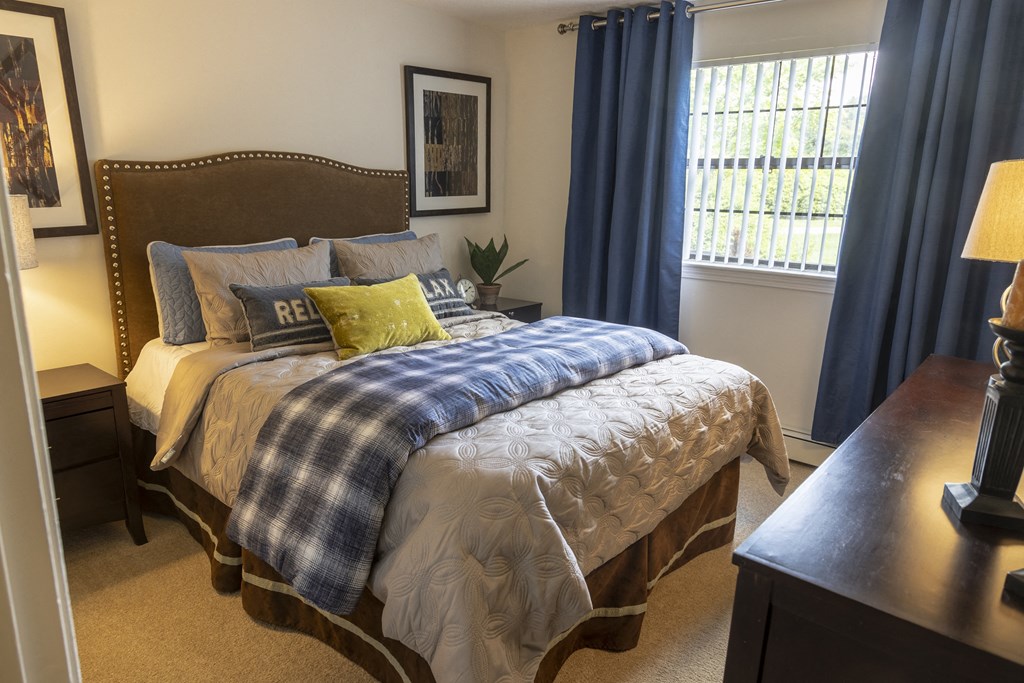 a bedroom with a bed and a dresser and a window