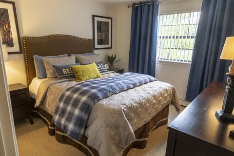 a bedroom with a bed and a dresser and a window