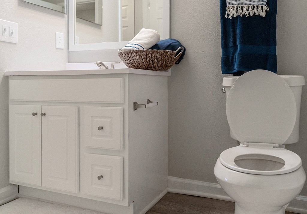 A white toilet sits next to a white cabinet with a mirror above it.