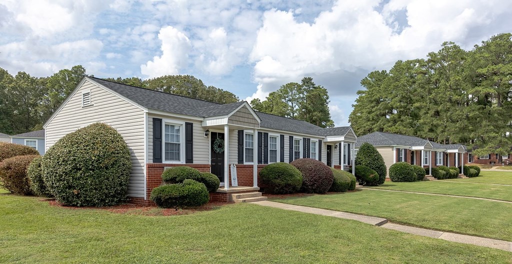 A row of houses with green lawns and trees in the background.