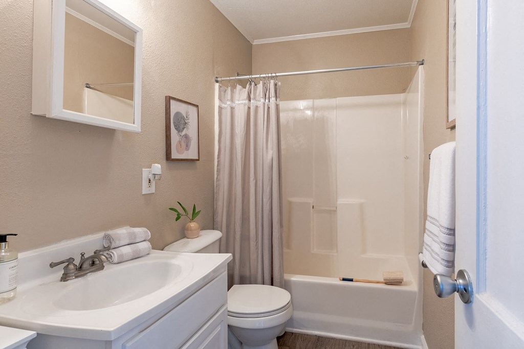 A bathroom with a white sink, toilet, and bathtub.