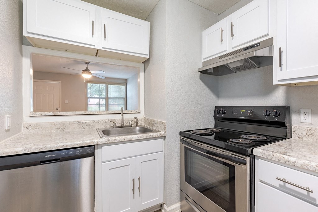 A kitchen with white cabinets and a stainless steel dishwasher.
