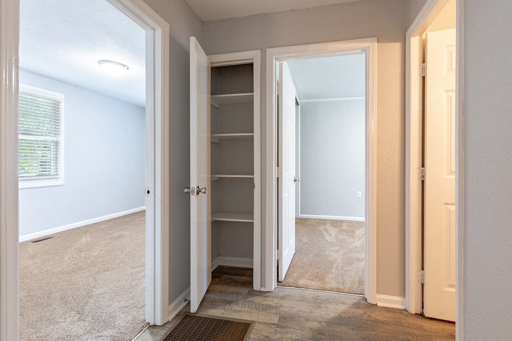 A white closet with a door open to a room.