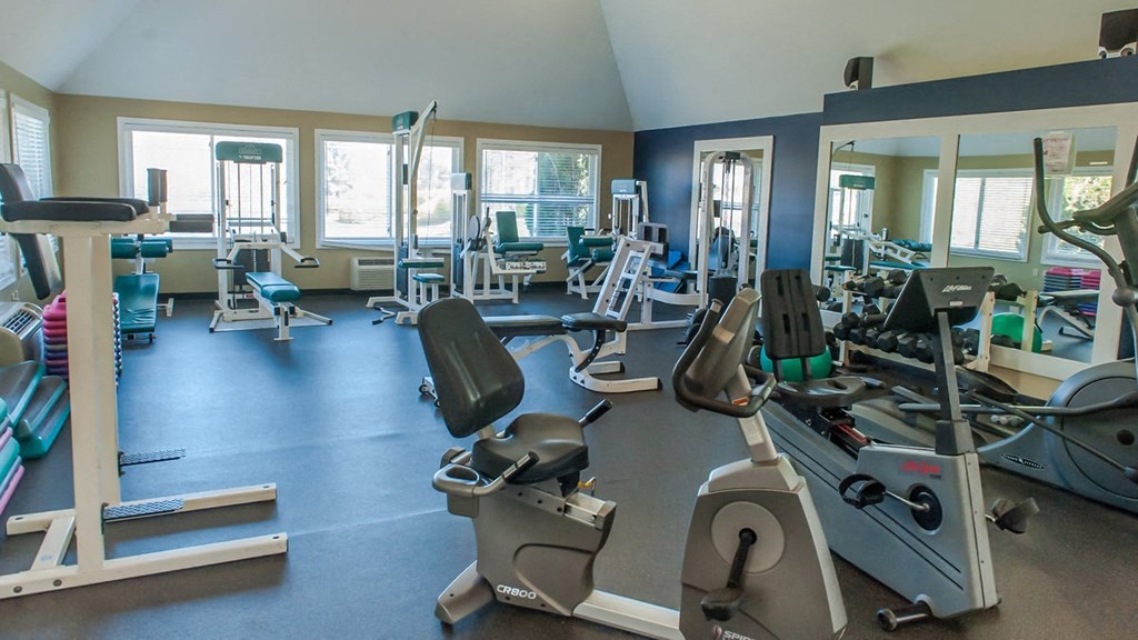 a gym with cardio equipment and weights in a building with windows