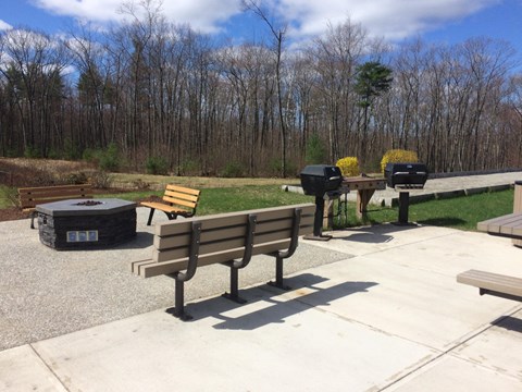 a picnic area with benches and a grill