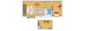 A floor plan of a house with a kitchen, living room, and bathroom.