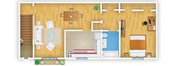A floor plan of a house with a kitchen, living room, and bathroom.