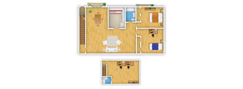 A floor plan of a house with two bedrooms, a living room, a kitchen, and a bathroom.